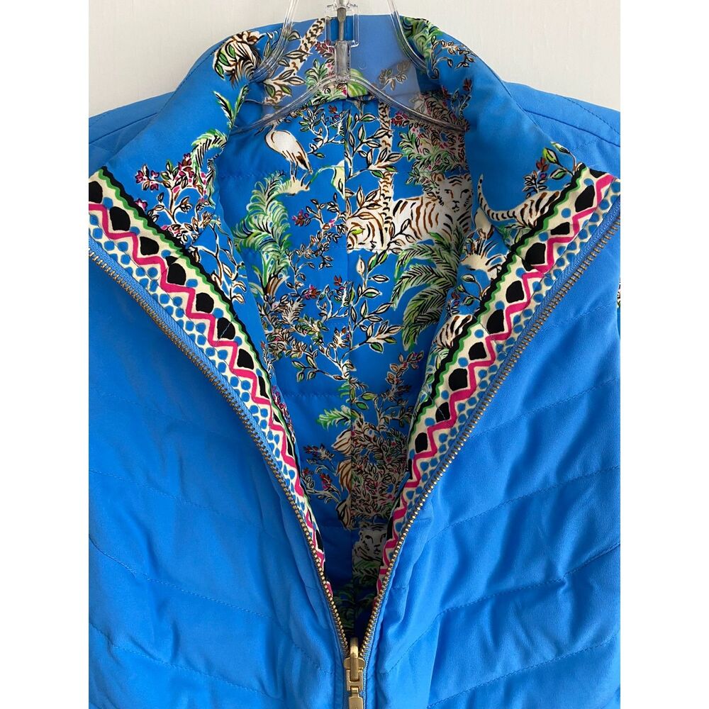 Lilly Pulitzer Reversible Puffer Vest Women Blue Jungle Tiger Print Quilted Zip